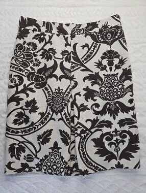 LOFT Linen Blend Skirt Ivory Brown Damask Print Short A-Line Box Pleat Lined 8